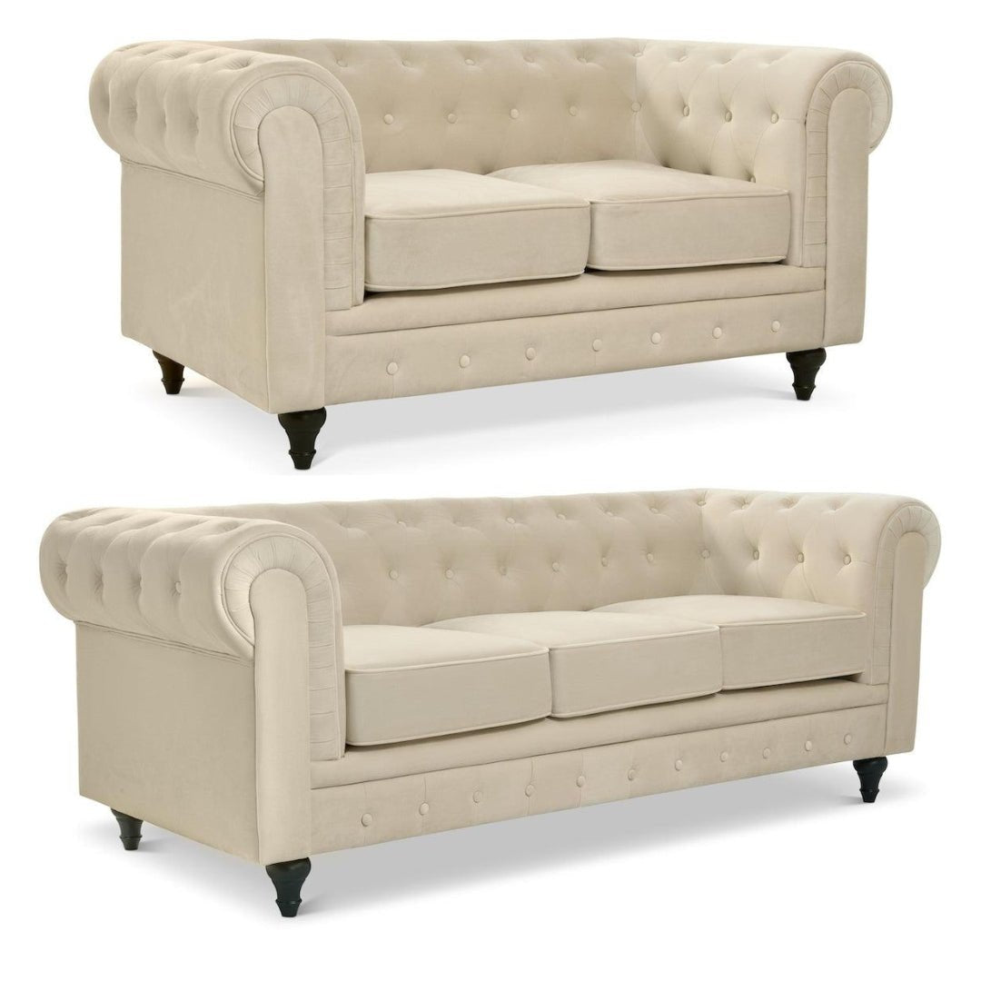 Chesterfield Velvet Two & Three Seater Sofa Set - Cream - Bargainia.com - 
