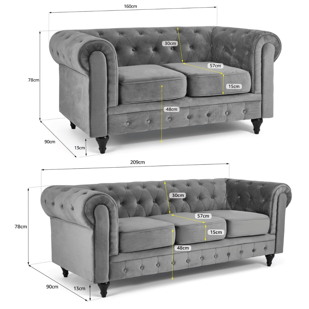 Chesterfield Velvet Two & Three Seater Sofa Set - Grey - Bargainia.com - 5056536106179 - H - 8200 - VLV - GY - S32