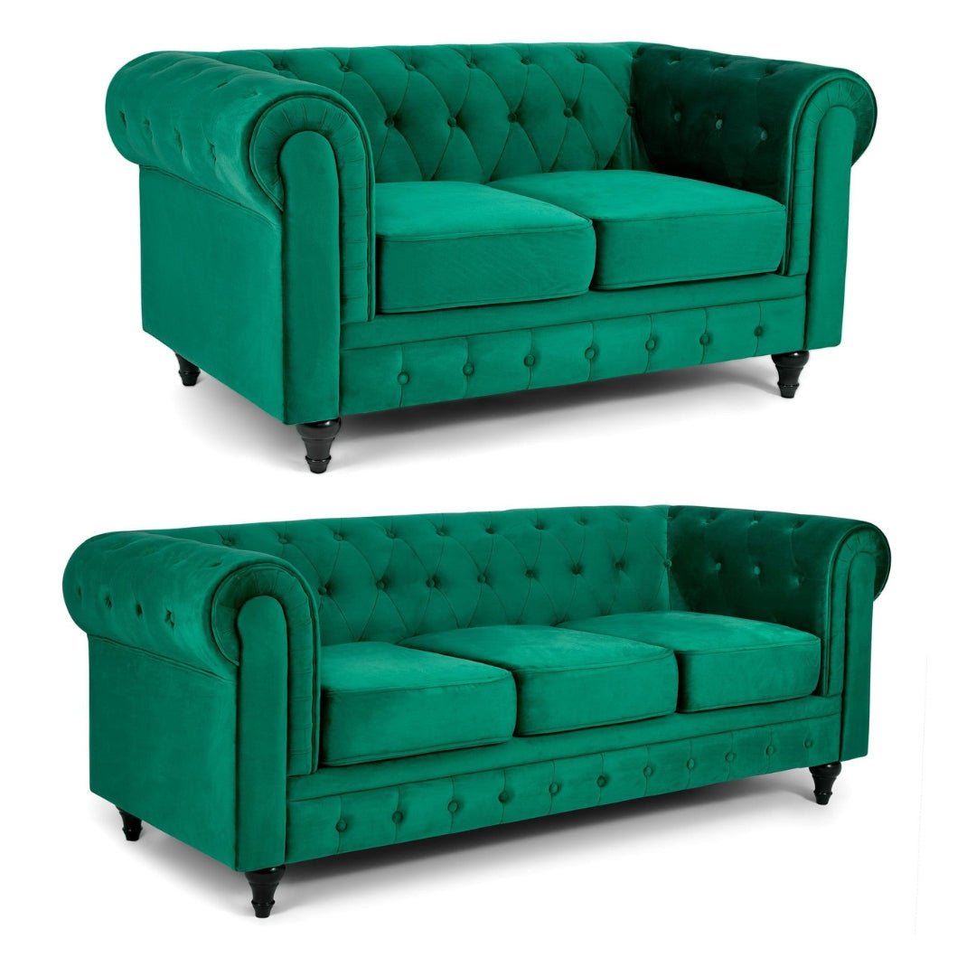 Chesterfield Velvet Two & Three Seater Sofa Set - Jade Green - Bargainia.com - 