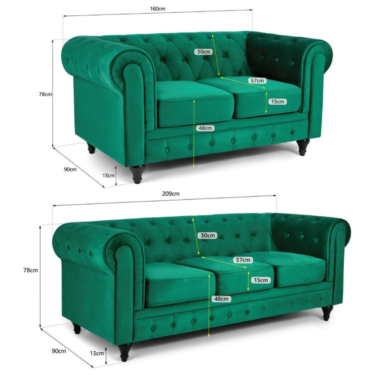 Chesterfield Velvet Two & Three Seater Sofa Set - Jade Green - Bargainia.com - 