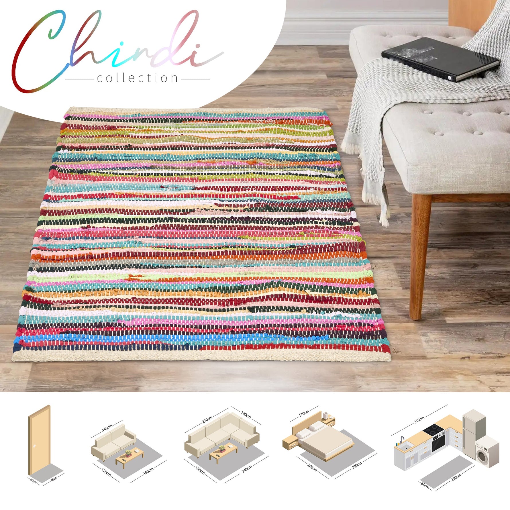Chindi Handwoven Multi Coloured Recycled Rag Rug - Bargainia.com - 