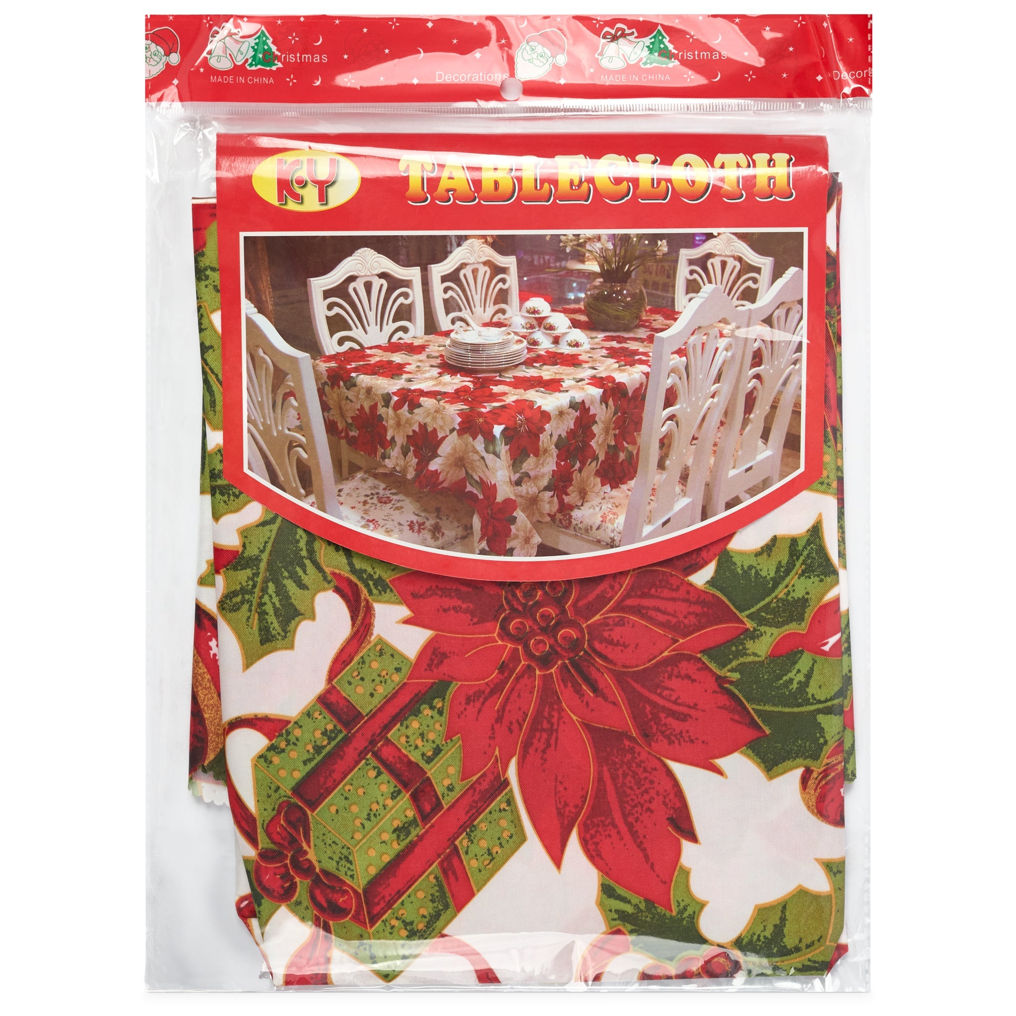 Christmas Table Cloth - Christmas Present & Poinsettias - Bargainia.com - 