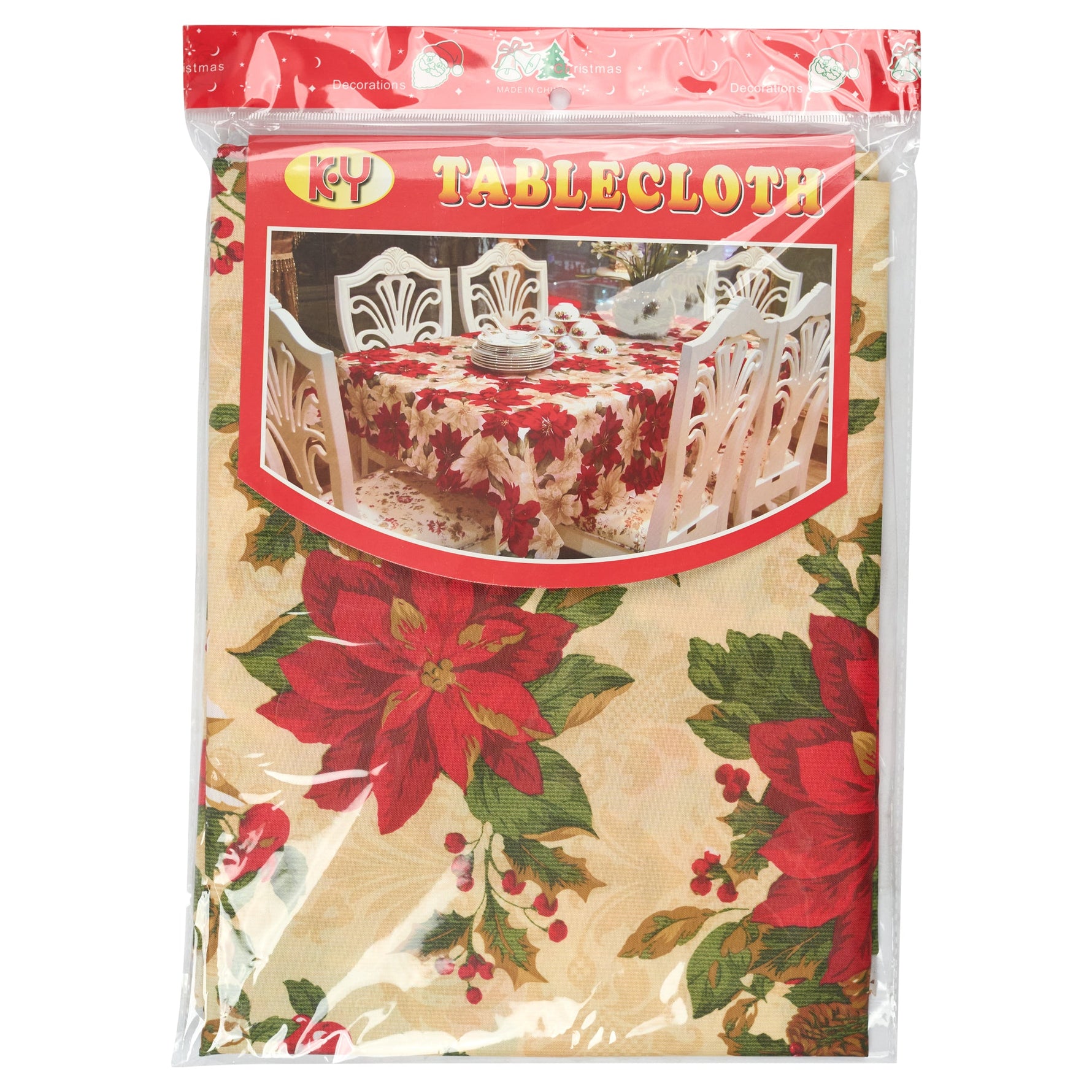 Christmas Table Cloth - Cream & Red Poinsettias - 152 × 224cm - Bargainia.com - 