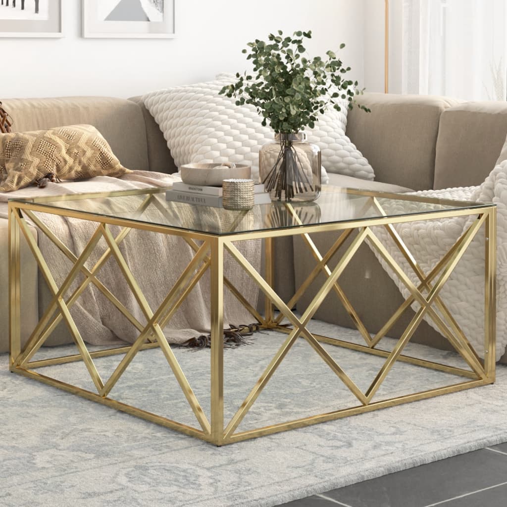Coffee Table Gold Stainless Steel and Tempered Glass - Bargainia.com - 