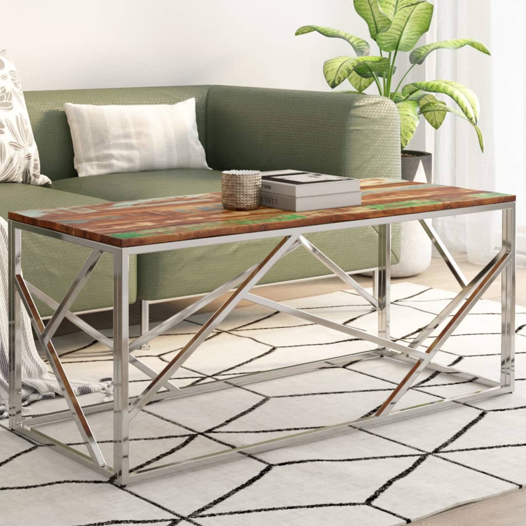 Coffee Table Silver Stainless Steel and Solid Reclaimed Wood - Bargainia.com - 