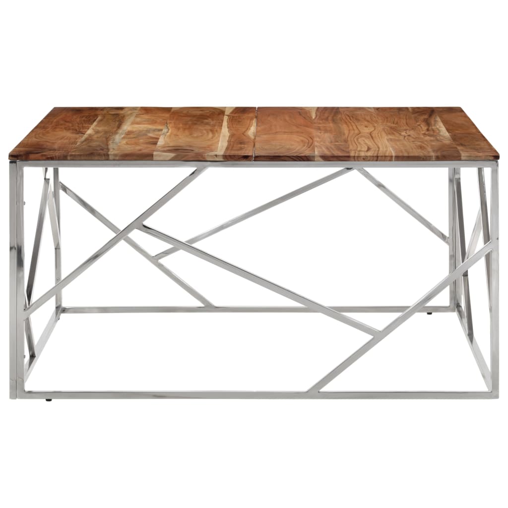 Coffee Table Silver Stainless Steel and Solid Wood Acacia - Bargainia.com - 