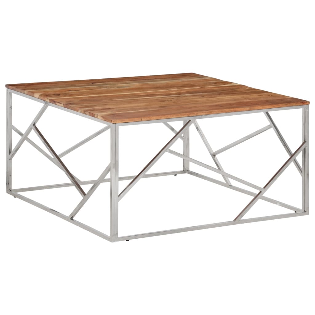 Coffee Table Silver Stainless Steel and Solid Wood Acacia - Bargainia.com - 