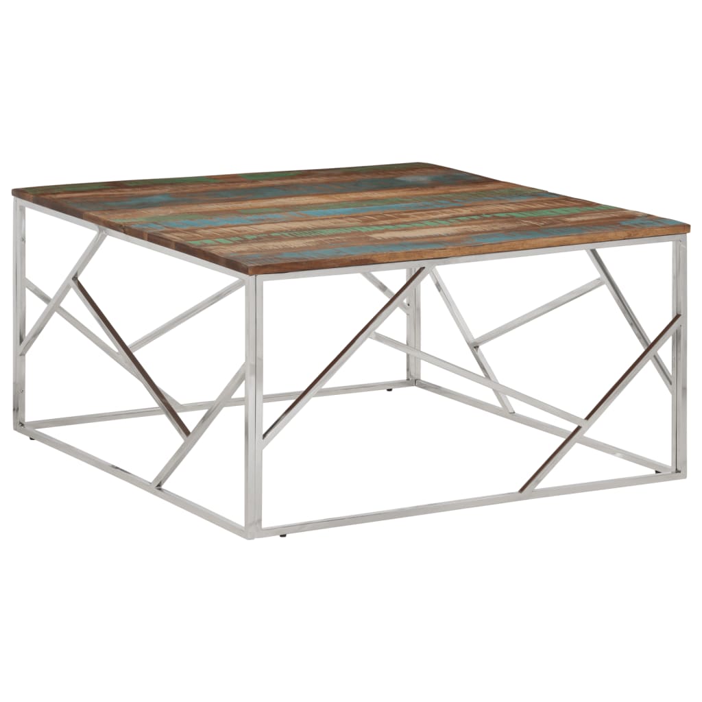 Coffee Table Silver Stainless Steel and Solid Wood Reclaimed - Bargainia.com - 