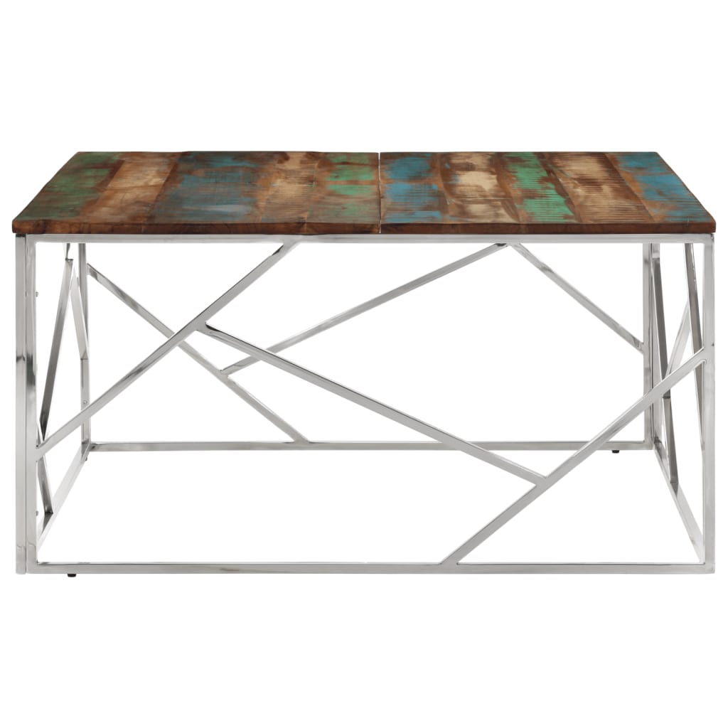 Coffee Table Silver Stainless Steel and Solid Wood Reclaimed - Bargainia.com - 