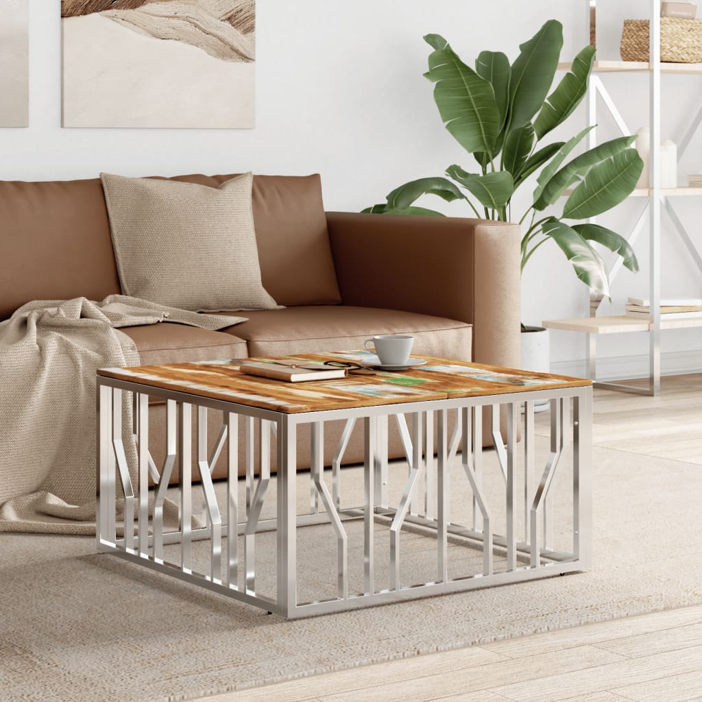 Coffee Table Silver Stainless Steel and Solid Wood Reclaimed - Bargainia.com - 
