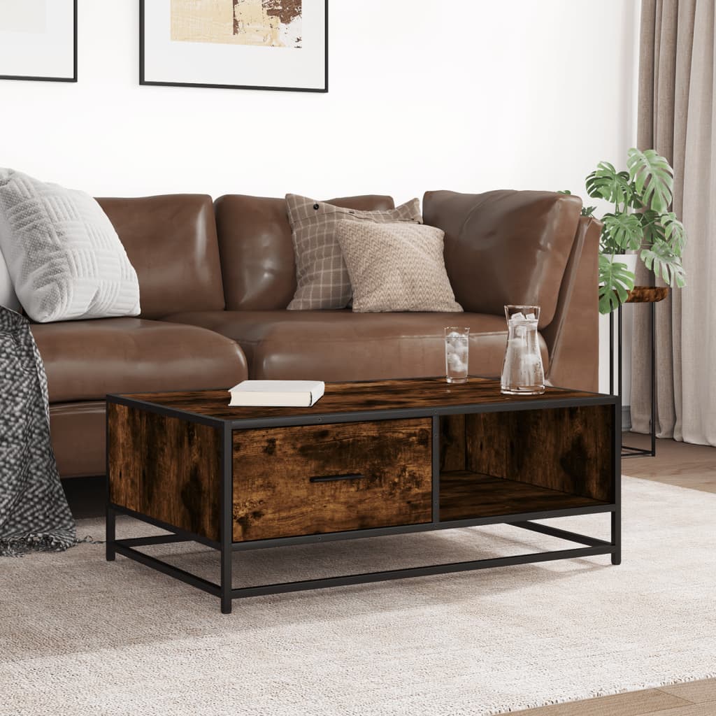 Coffee Table Smoked Oak 90x57x35 cm Engineered Wood and Metal - Bargainia.com - 
