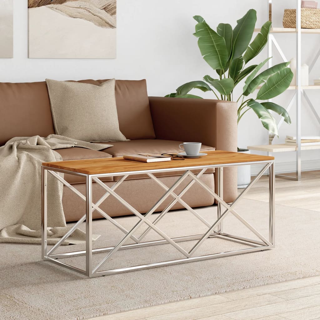Coffee Table Stainless Steel and Solid Wood Acacia - Bargainia.com - 