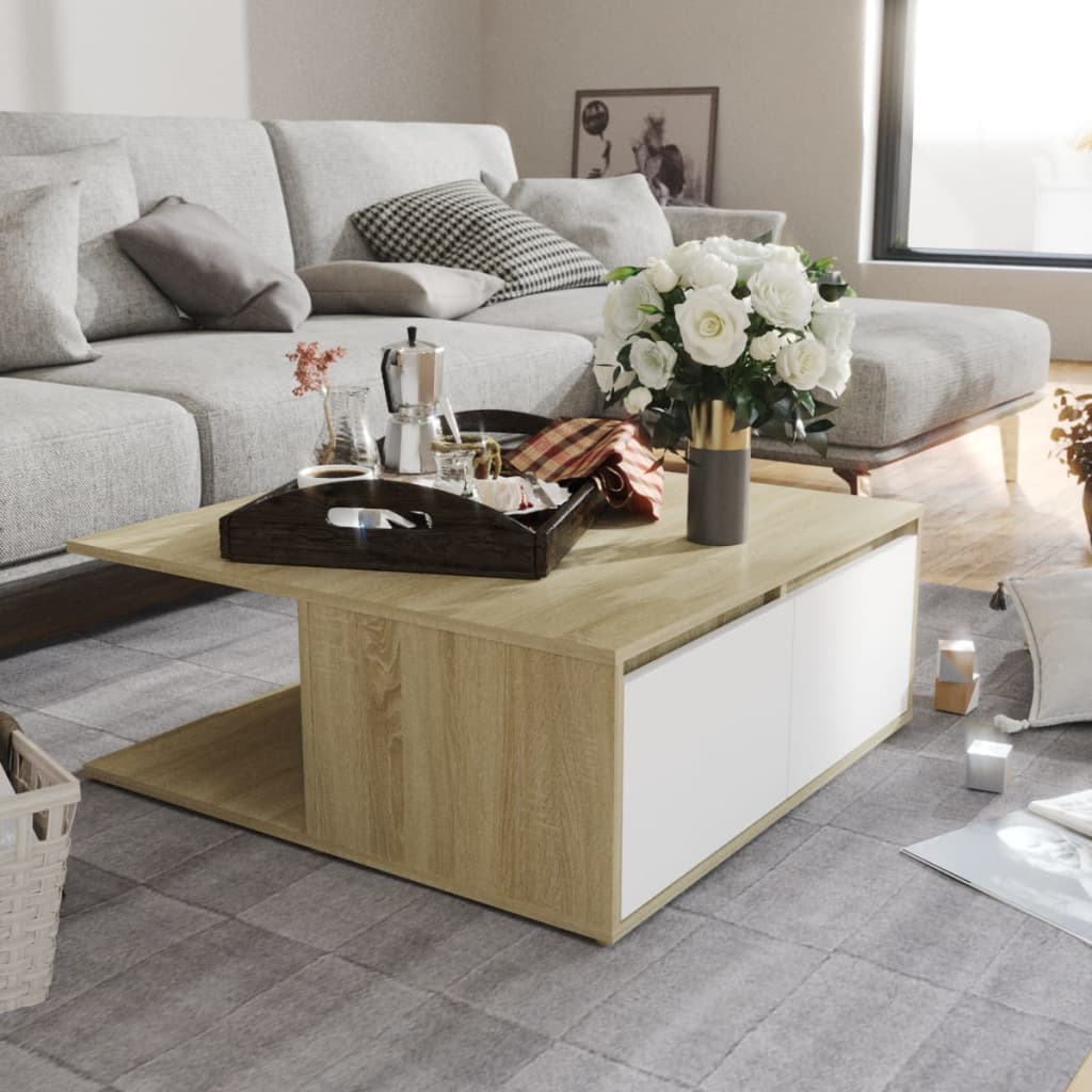 Coffee Table White and Sonoma Oak 80x80x31 cm Engineered Wood - Bargainia.com - 8720286560822 - 806881