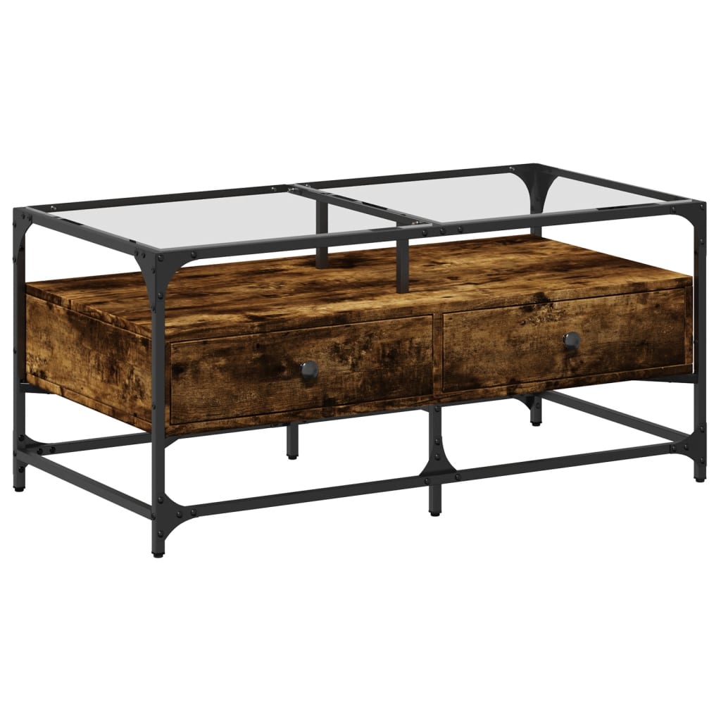 Coffee Table with Glass Top Smoked Oak 98.5x50x45 cm Steel - Bargainia.com - 8721102638114 - 846046