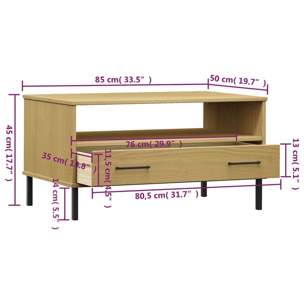 Coffee Table with Metal Legs Brown 85x50x45cm Solid Wood OSLO - Bargainia.com - 