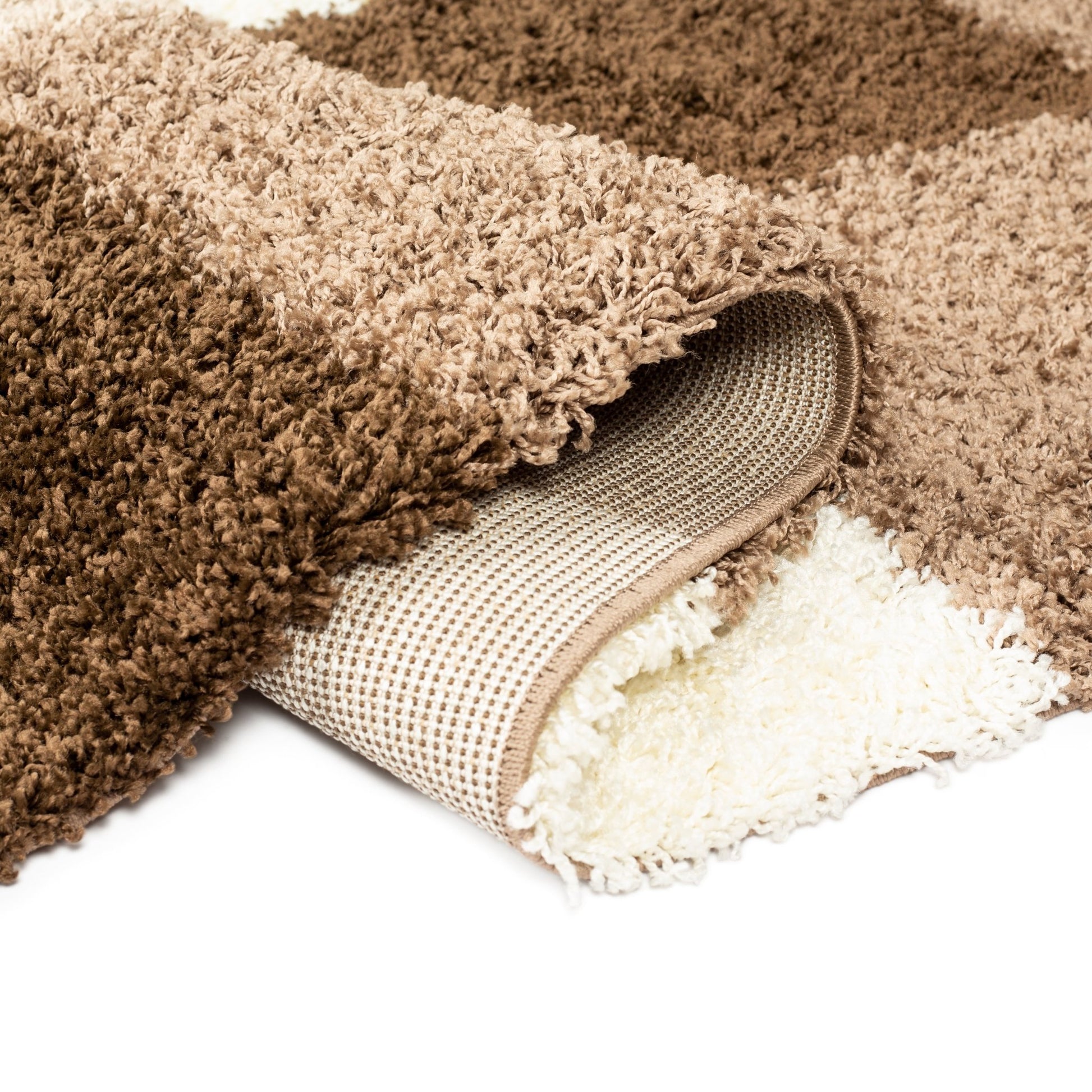 Cream & Brown Checked Thick Shaggy Rug - California Rugs Rug Masters