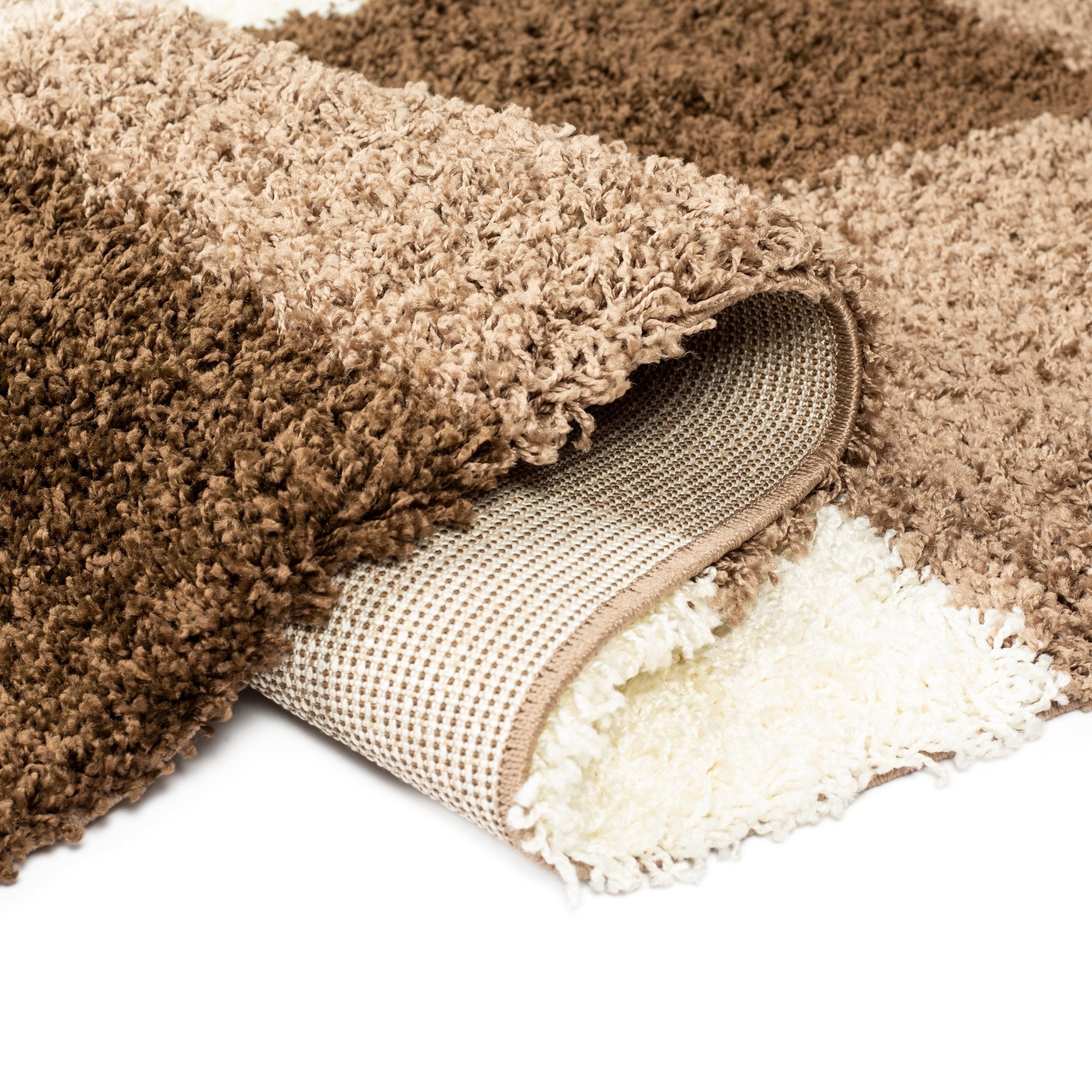 Cream & Brown Checked Thick Shaggy Rug - California Rugs Rug Masters