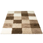 Cream & Brown Checked Thick Shaggy Rug - California - Bargainia.com - 
