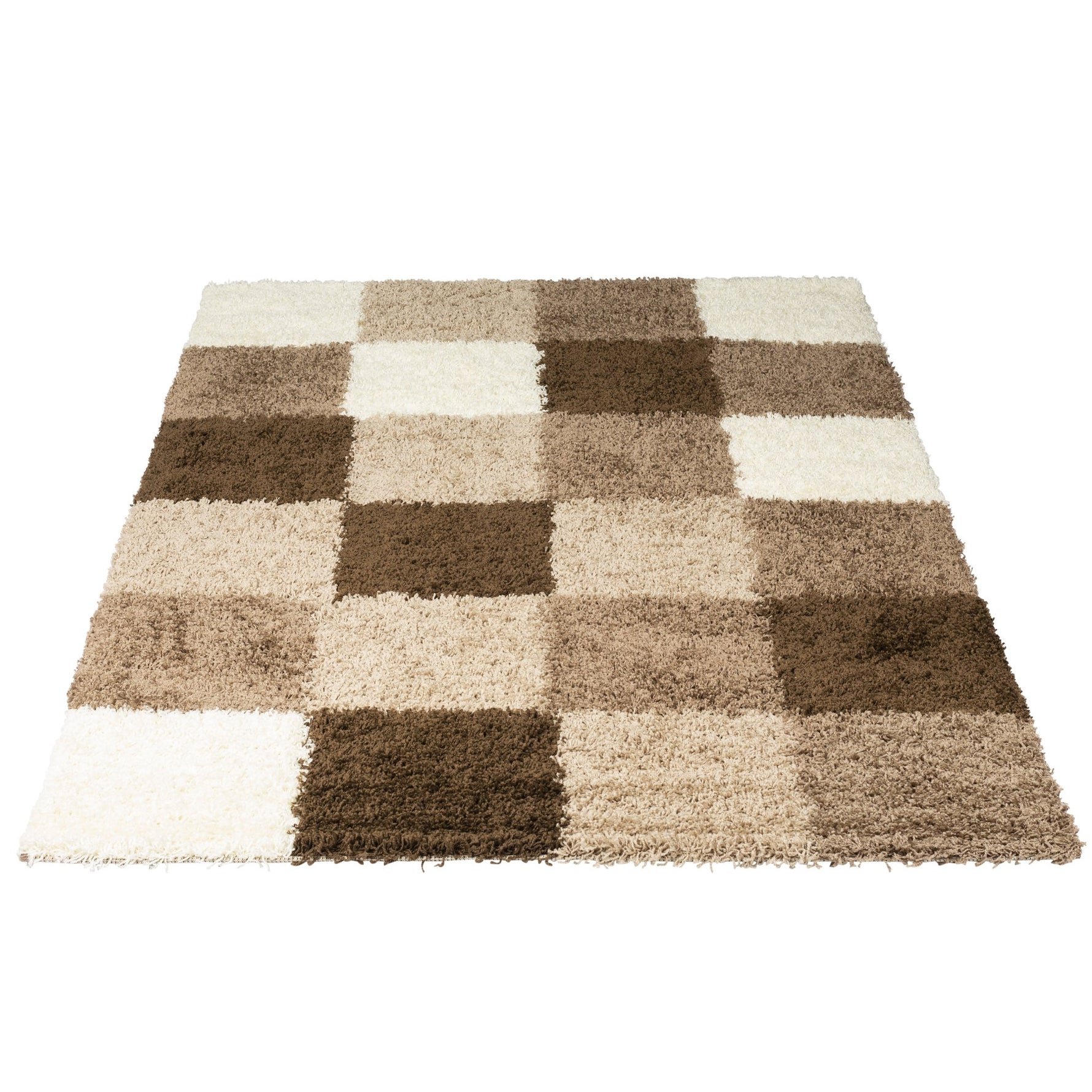Cream & Brown Checked Thick Shaggy Rug - California - Bargainia.com - 