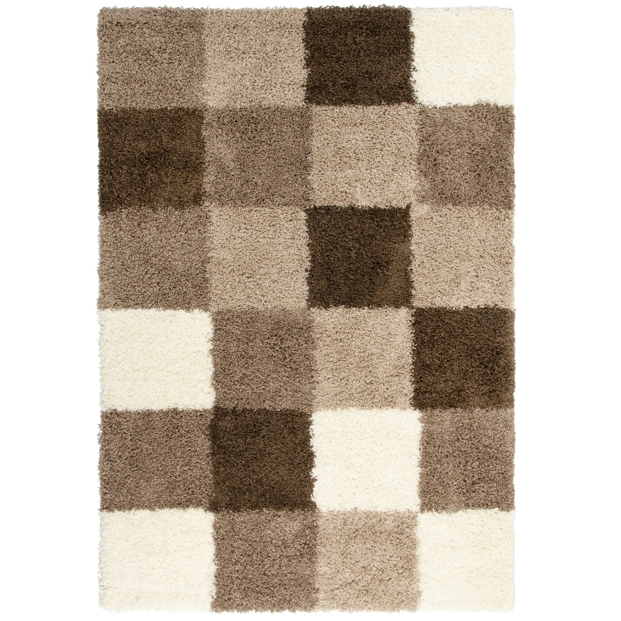 Cream & Brown Checked Thick Shaggy Rug - California Rugs Rug Masters