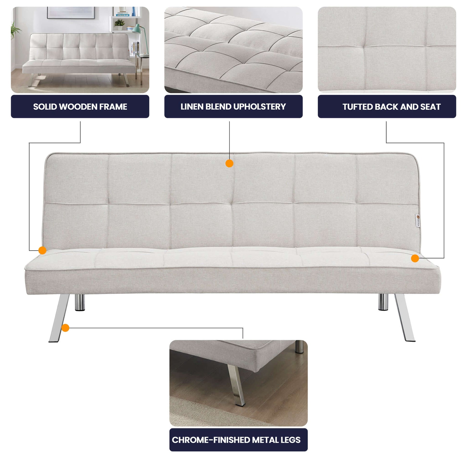 Cream Click Clack 3 Seater Sofa Bed - Britney Bargainia