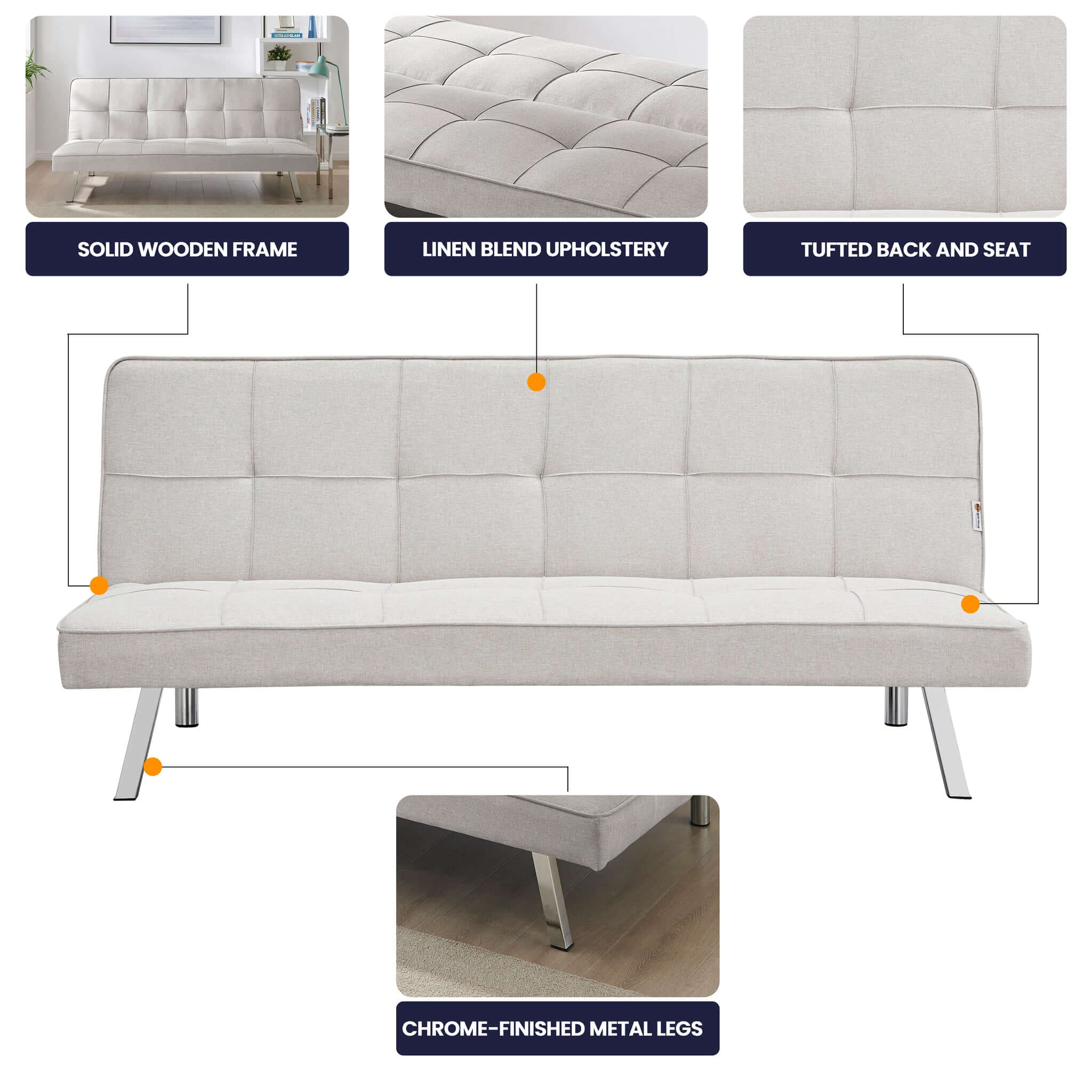 Cream Click Clack 3 Seater Sofa Bed - Britney Bargainia