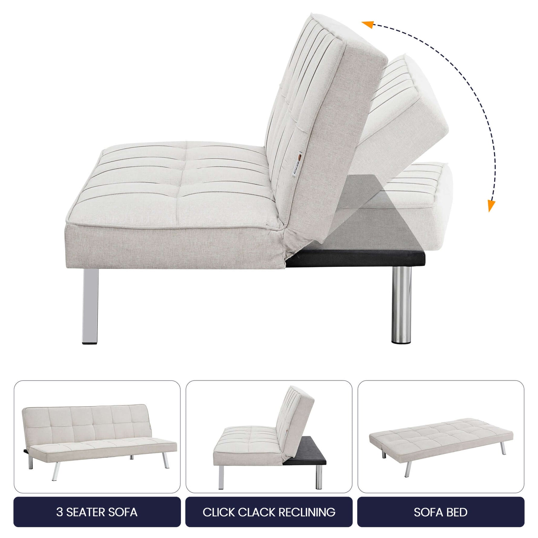 Cream Click Clack 3 Seater Sofa Bed - Britney - Bargainia.com - 