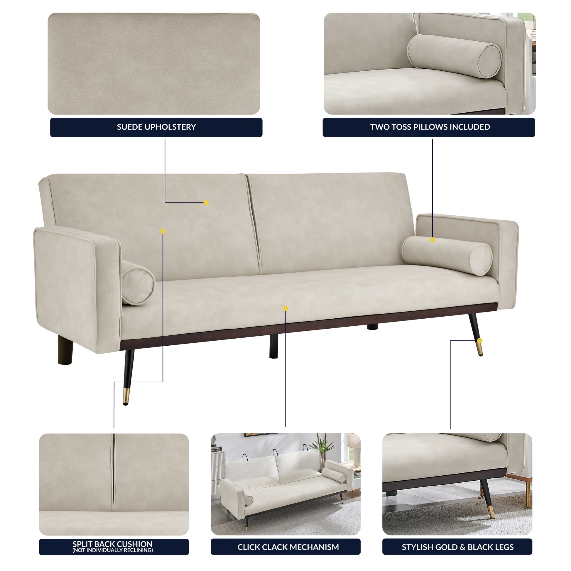 Cream Sofa Bed 3 Seater Faux Suede Click Clack - Jenna Bargainia