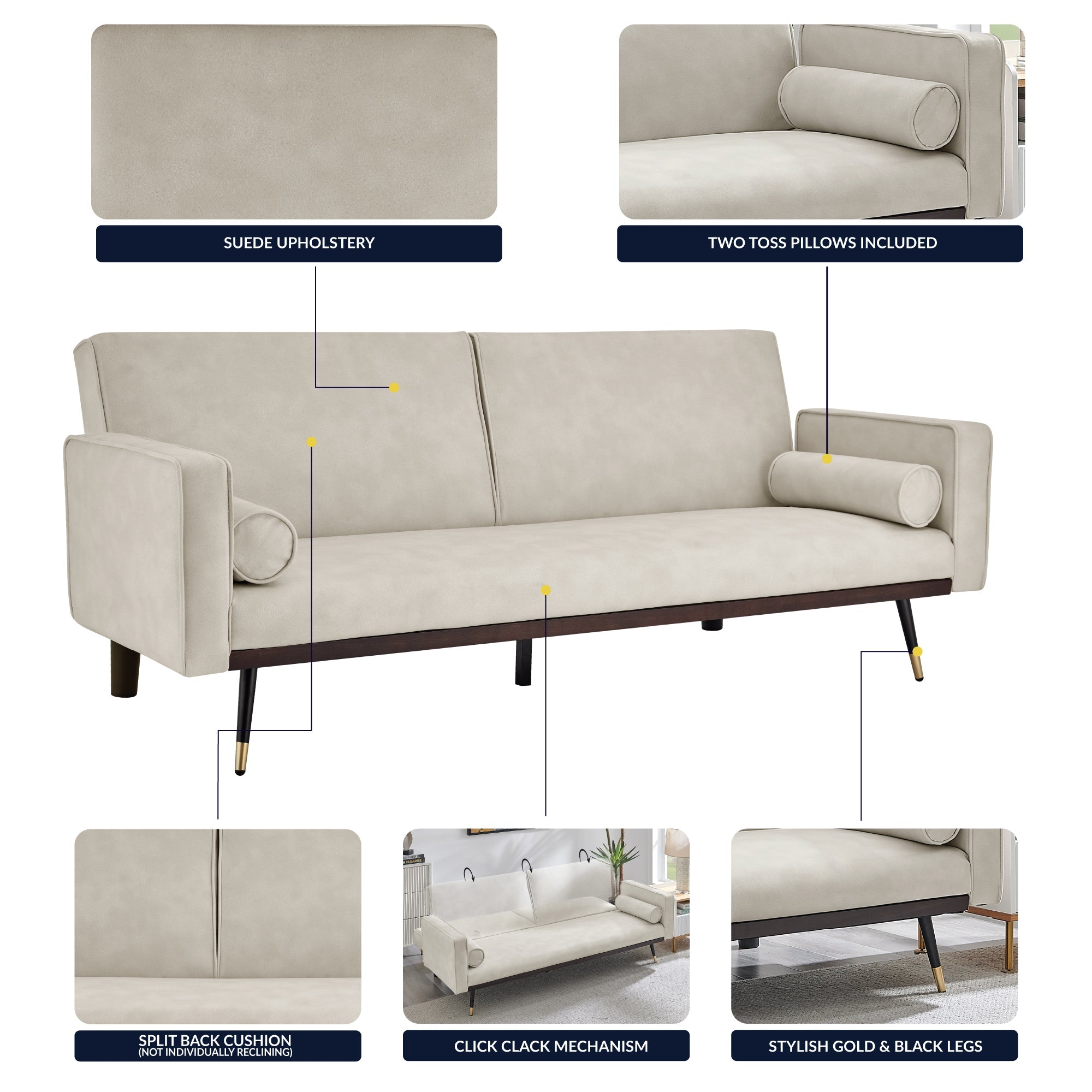 Cream Sofa Bed 3 Seater Faux Suede Click Clack - Jenna Bargainia