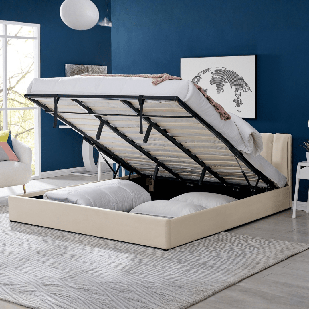 Cream Velvet Plush Ottoman Storage Bed Frame - Double - Bargainia.com - 5056536100078 - MLM - 170955 - D - CR
