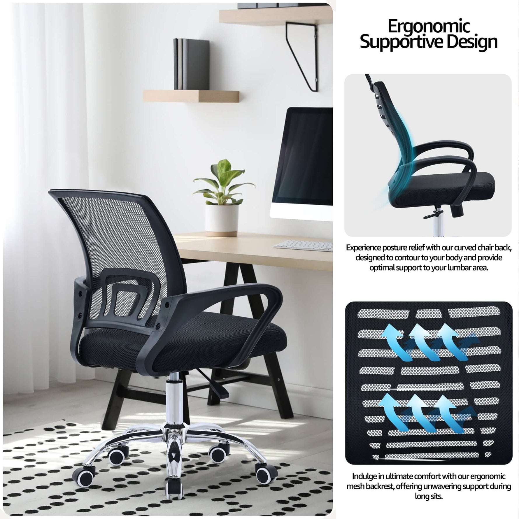Curve Office Chair Black Modern Ergonomic With Swivel Wheels - Bargainia.com - 5056536118844