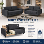 Brixton Dark Grey Fabric Sofa Set, 2 Seater and 3 Seater Linen Look Settees with Solid Wood Frame and Steel Legs