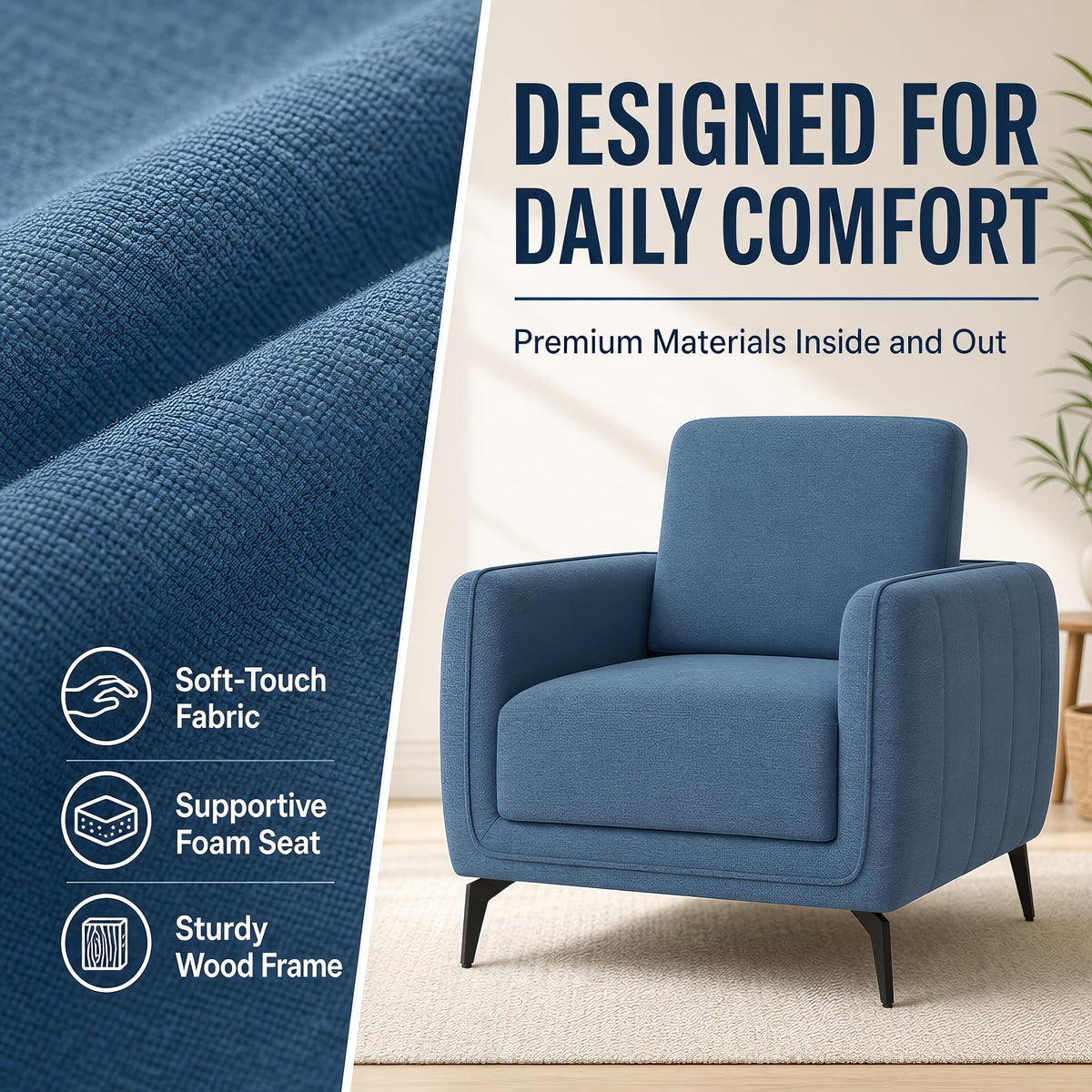 Brixton Blue Linen Look Fabric Armchair, Modern Accent Chair with Solid Wood Frame and Black Steel Legs