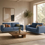 Brixton Blue Fabric Sofa Set, 2 Seater and 3 Seater Linen Look Settees with Solid Wood Frame and Steel Legs