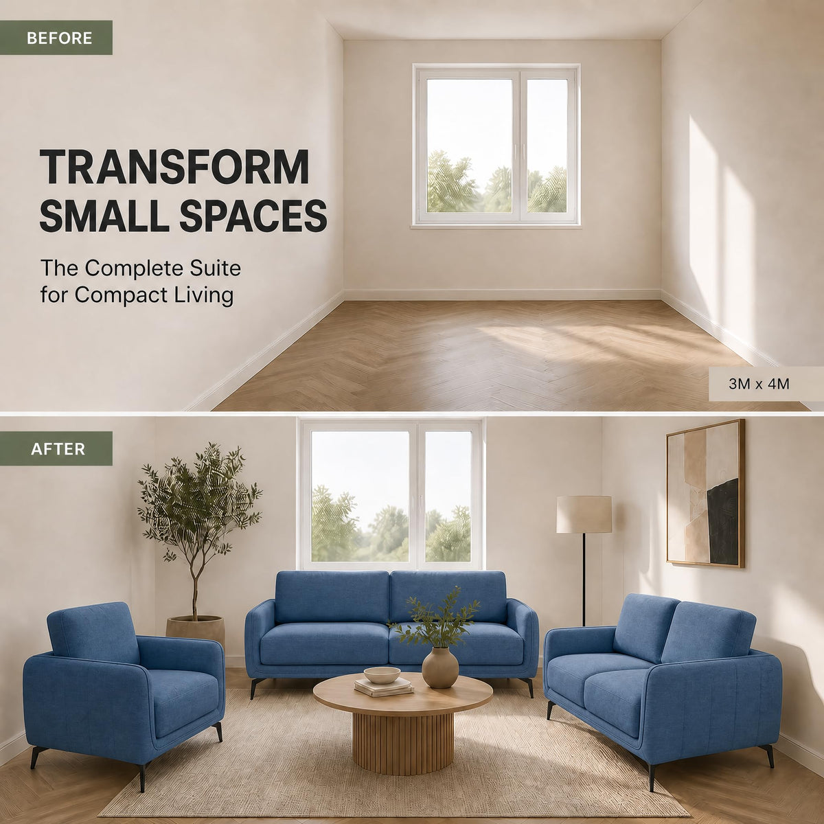 Brixton Blue Fabric Sofa Suite, Armchair, 2 Seater and 3 Seater Set, Linen Look with Solid Wood Frame