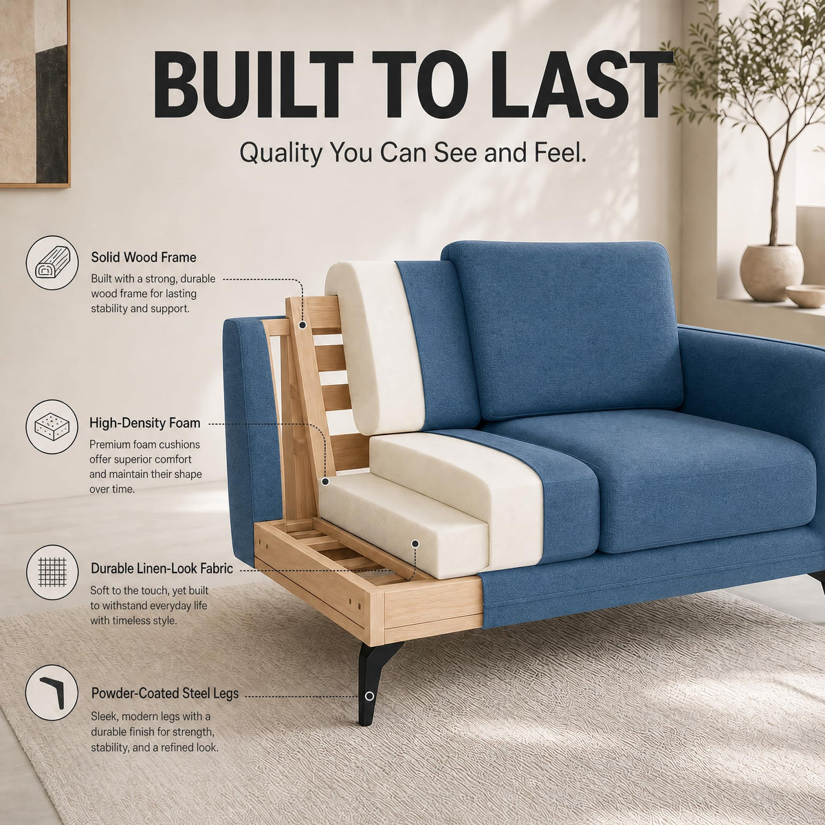 Brixton Blue Fabric Sofa Suite, Armchair, 2 Seater and 3 Seater Set, Linen Look with Solid Wood Frame