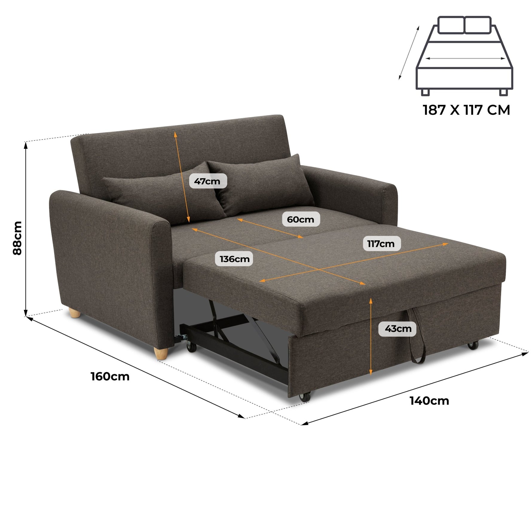 Dahlia Brown 2 Seater Pull Out Sofa Bed - Convertible Sleeper Sofa - Bargainia.com - 5056150263586