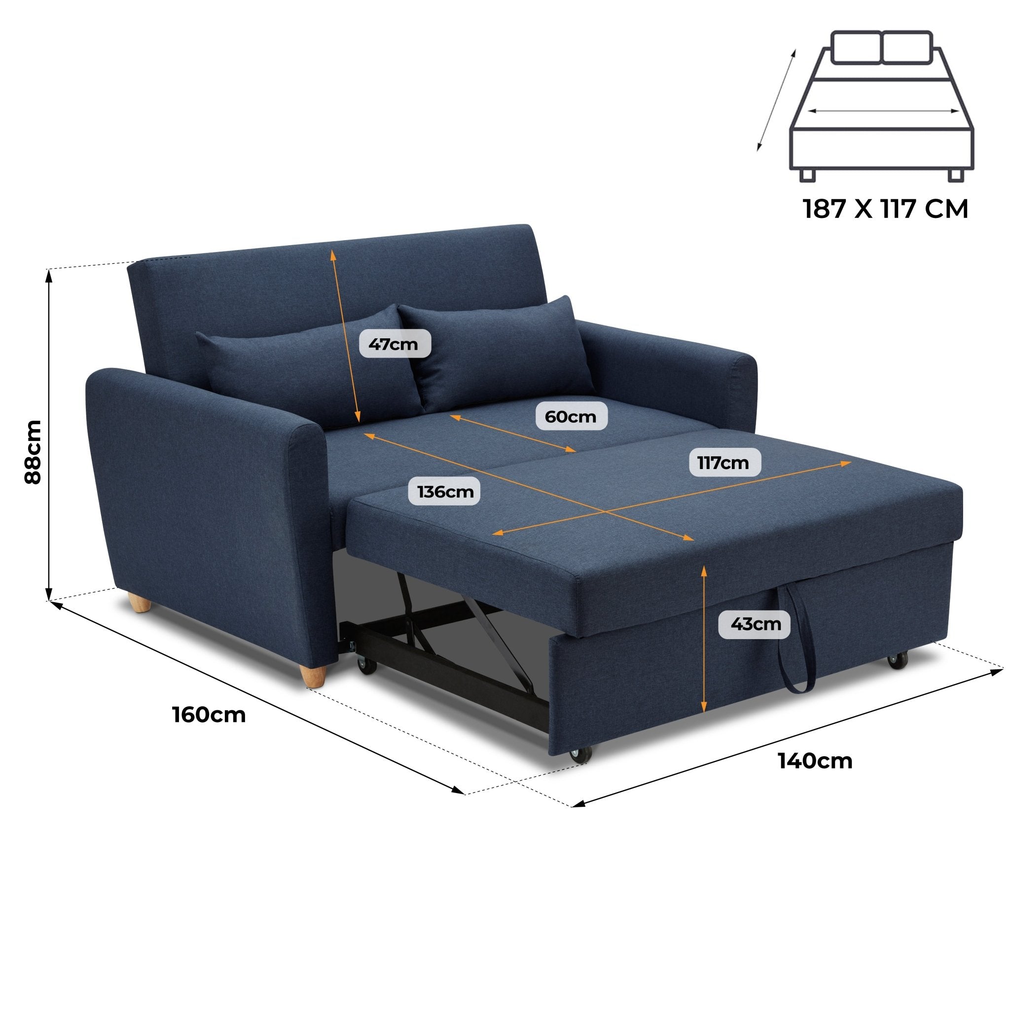 Dahlia Navy Blue Two Seater Pull Out Sofa Bed - Convertible Sleeper Sofa - Bargainia.com - 5056150263609