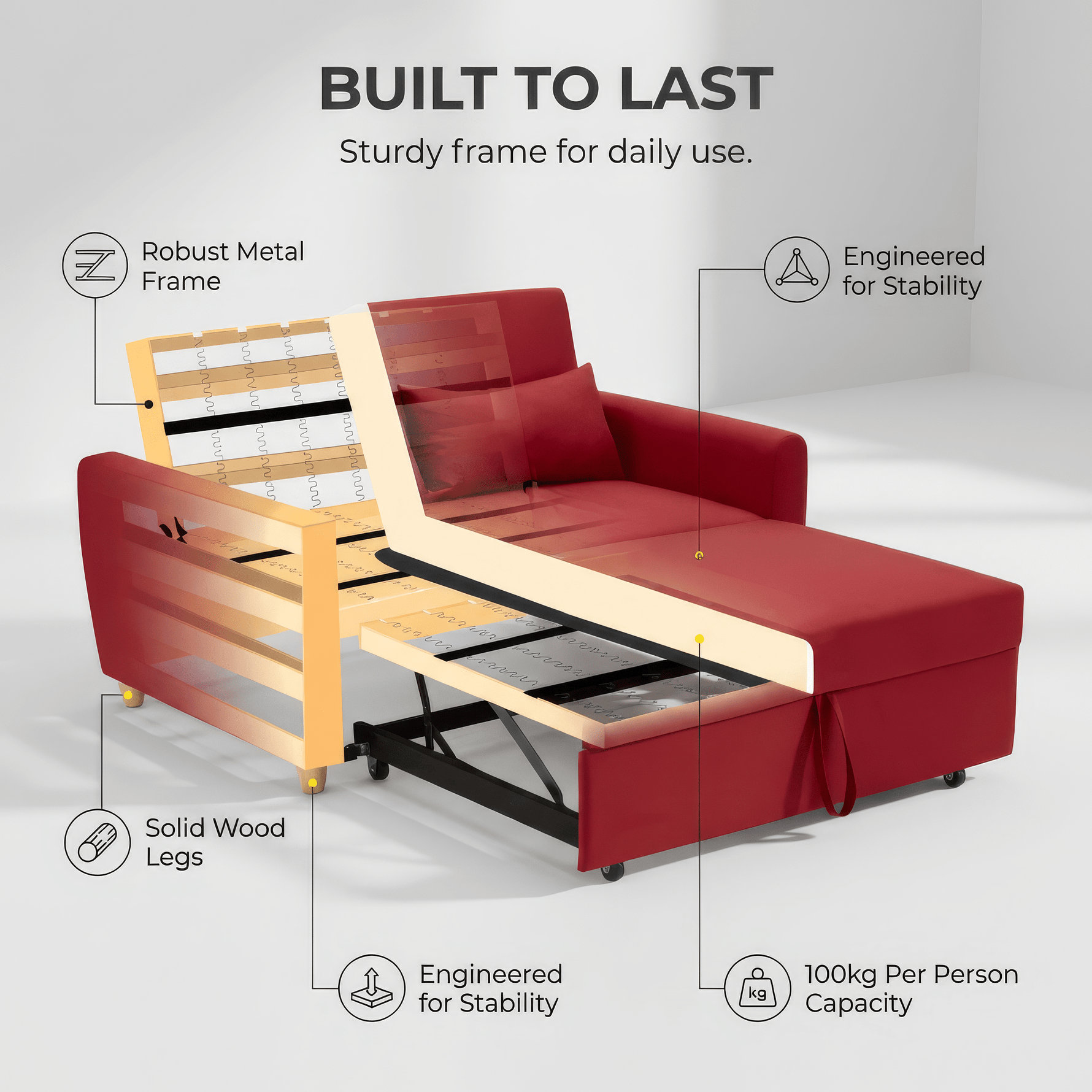 Dahlia Red 2 Seater Pull Out Sofa Bed - Convertible Sleeper Sofa - Bargainia.com - 5056150263616