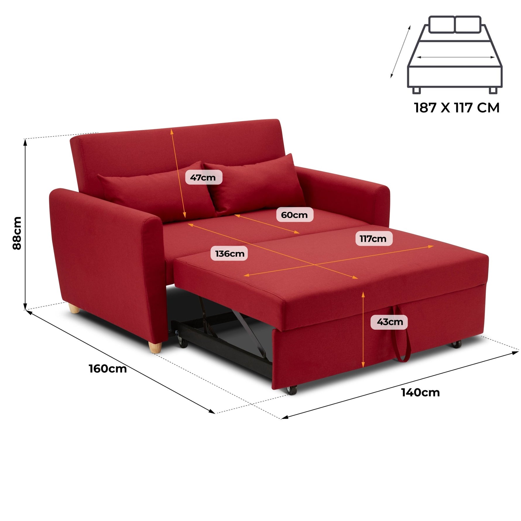 Dahlia Red 2 Seater Pull Out Sofa Bed - Convertible Sleeper Sofa - Bargainia.com - 5056150263616