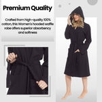 OLIVIA ROCCO Women's Hooded Waffle Cotton Bathrobe Black 100% Cotton Absorbent Spa