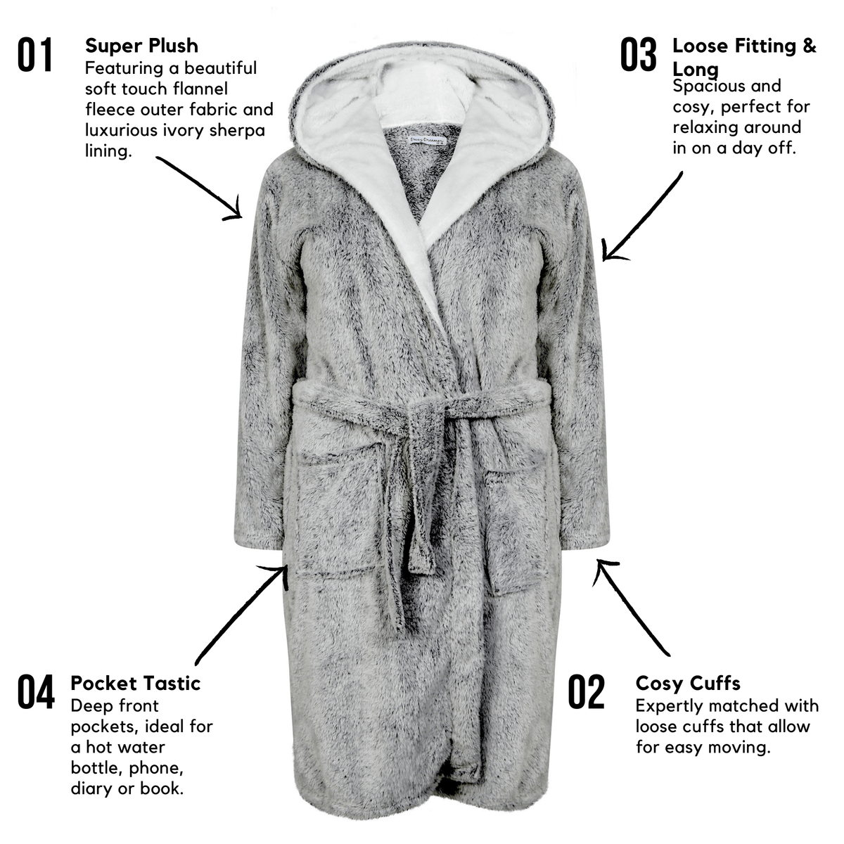 OLIVIA ROCCO Women's Shimmer Grey Plush Fleece Hooded Robe With Ultra Soft Sherpa Lining