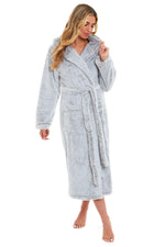 OLIVIA ROCCO Women's Shimmer Grey Snuggle Velvet Touch Fleece Hooded Robe Dressing Gown