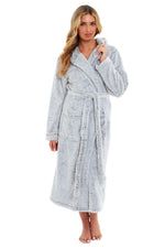 OLIVIA ROCCO Women's Shimmer Grey Snuggle Velvet Touch Fleece Hooded Robe Dressing Gown