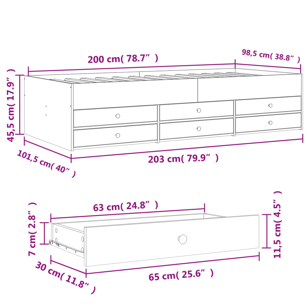 Daybed with Drawers without Mattress Concrete Grey 100x200 cm - Bargainia.com - 
