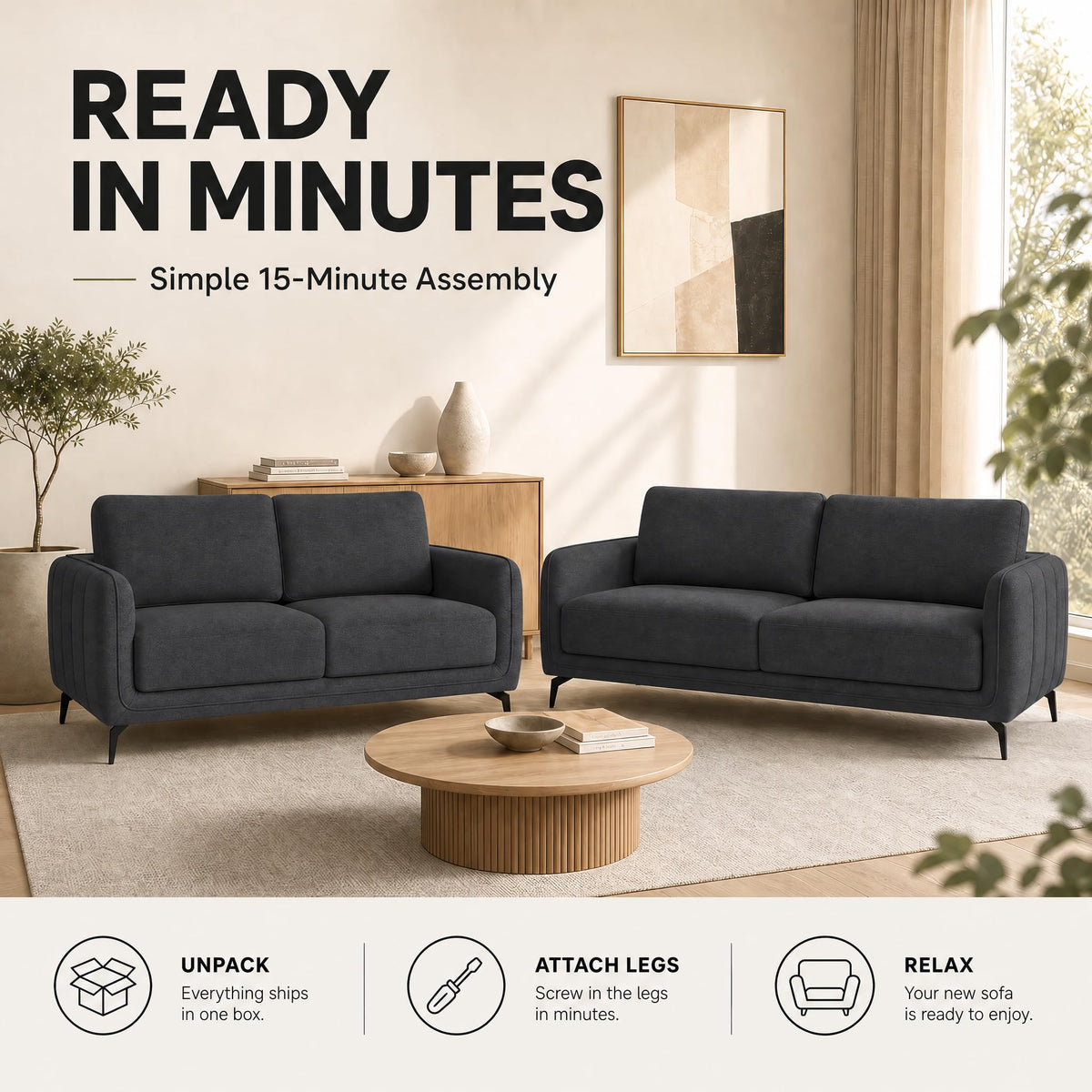 Brixton Dark Grey Linen Look Fabric 3 Seater Sofa, Modern Couch with Foam Cushions and Black Steel Legs