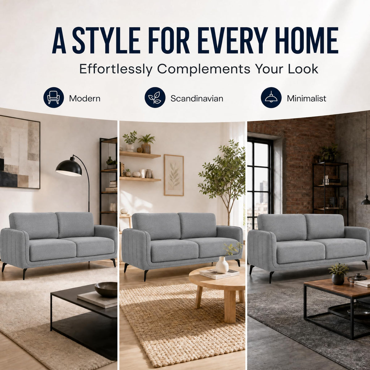 Brixton Grey Linen Look Fabric 3 Seater Sofa, Modern Couch with Foam Cushions and Black Steel Legs