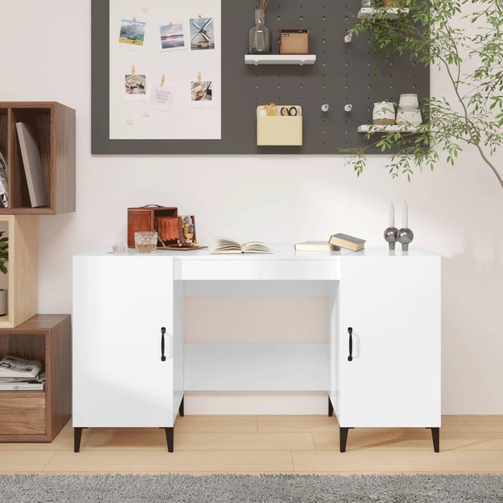 Desk High Gloss White 140x50x75 cm Engineered Wood - Bargainia.com - 
