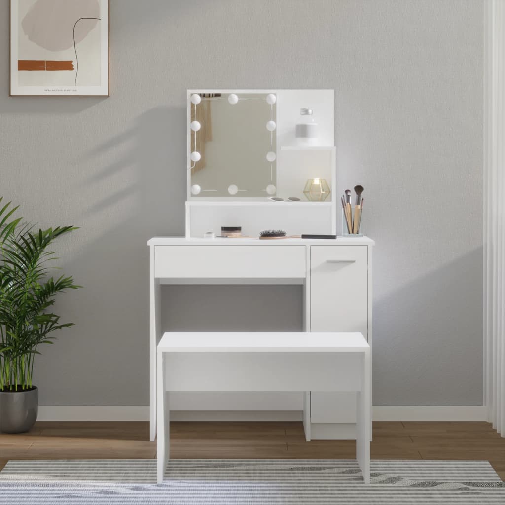Dressing Table Set with LED White Engineered Wood - Bargainia.com - 