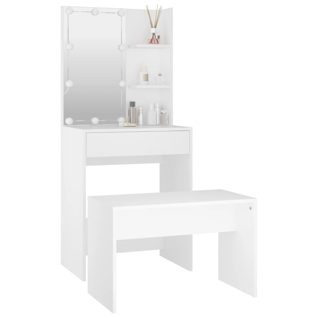 Dressing Table Set with LED White Engineered Wood - Bargainia.com - 